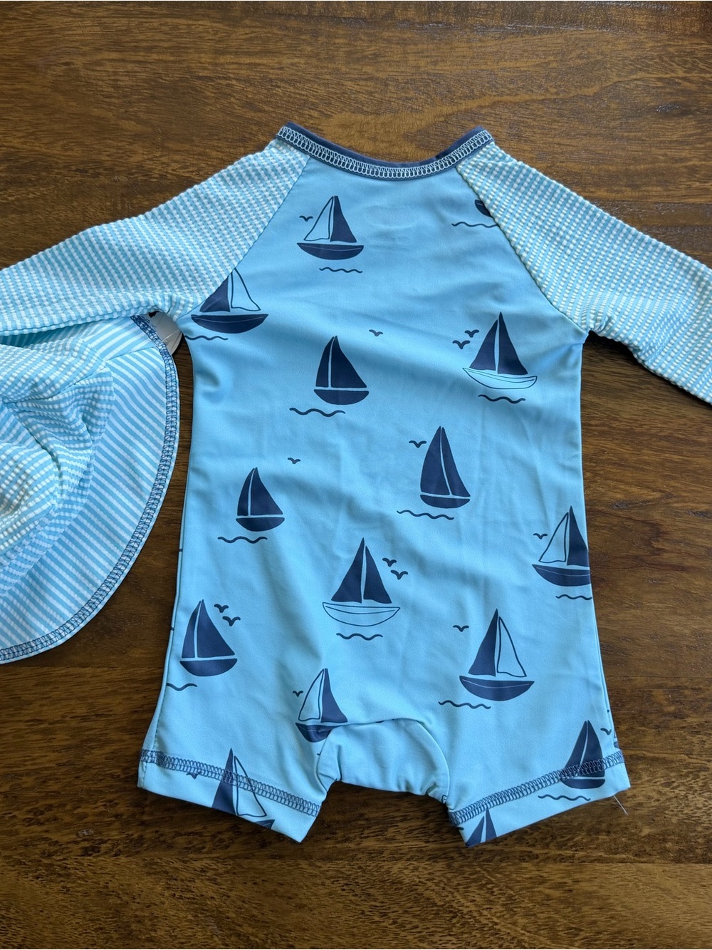 Mud Pie Light Blue and Navy Sailboat Baby Rashguard and Hat Set - Picture 3 of 4